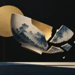Blue-and-white porcelain bowl breaking apart in midair before a gold disc on black
