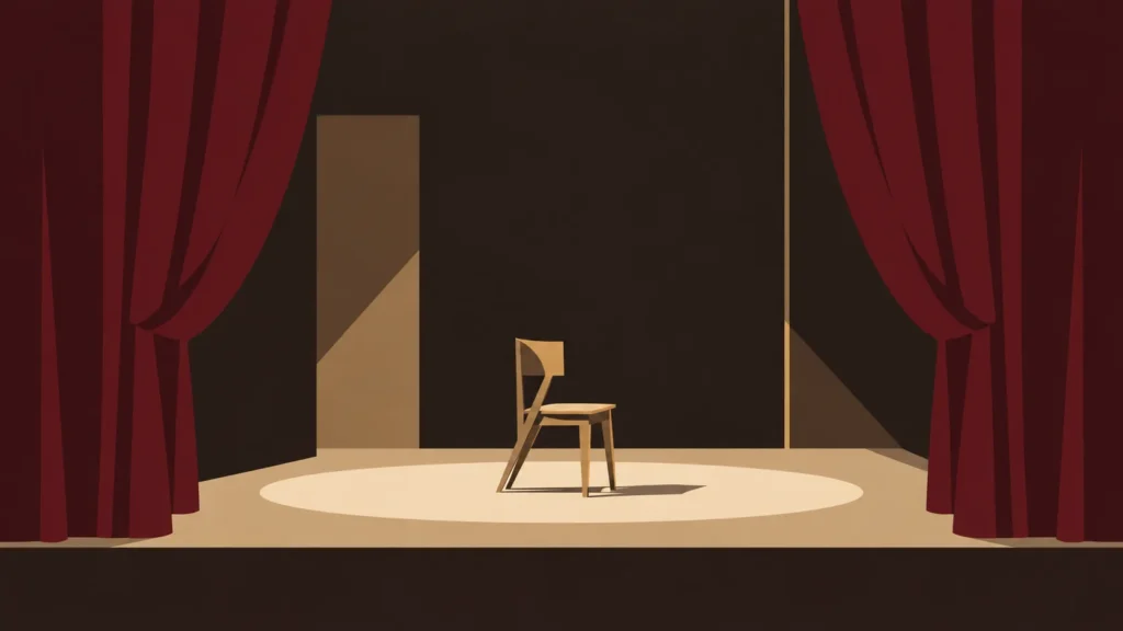 Single wooden chair in a spotlight on an empty stage between red curtains