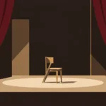 Single wooden chair in a spotlight on an empty stage between red curtains