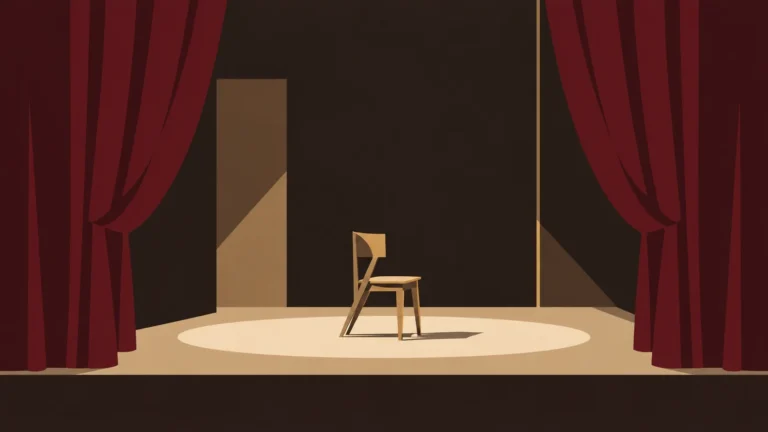 Single wooden chair in a spotlight on an empty stage between red curtains