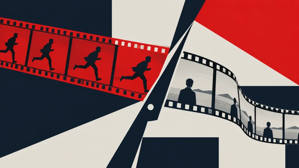 Collage of scissors cutting a red film strip of a running man and seashore frames