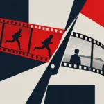 Collage of scissors cutting a red film strip of a running man and seashore frames