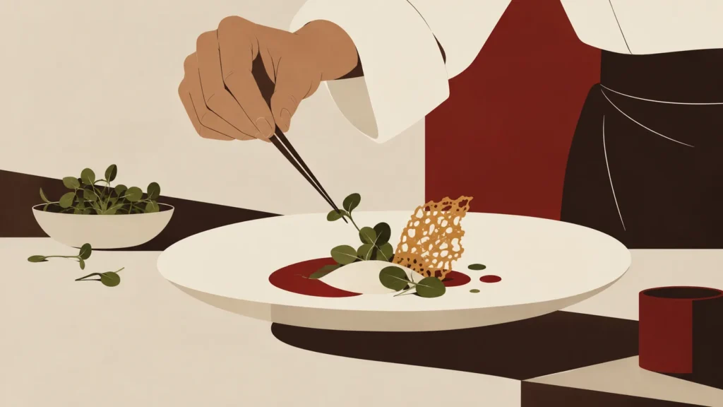 Chef's hand using tweezers to place microgreens on a plated dish with red sauce