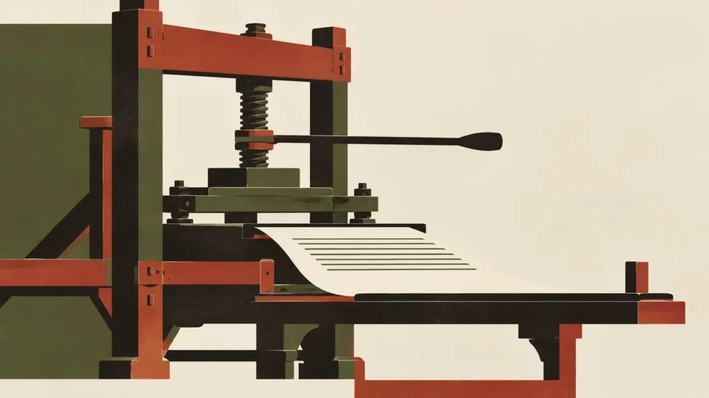 Illustration of a wooden hand printing press with a freshly printed sheet emerging