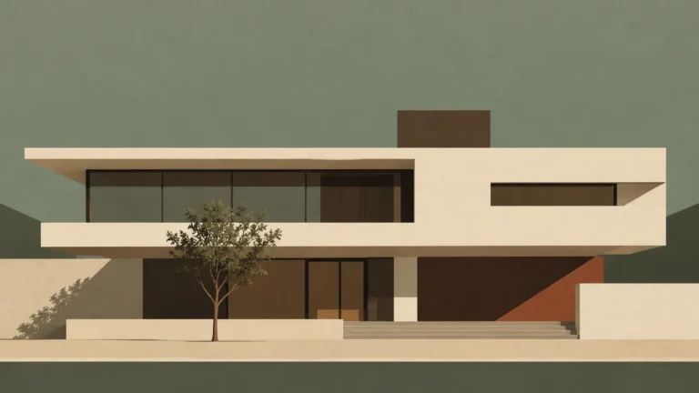 Illustration of a modernist villa with flat roofs, ribbon windows and a young tree