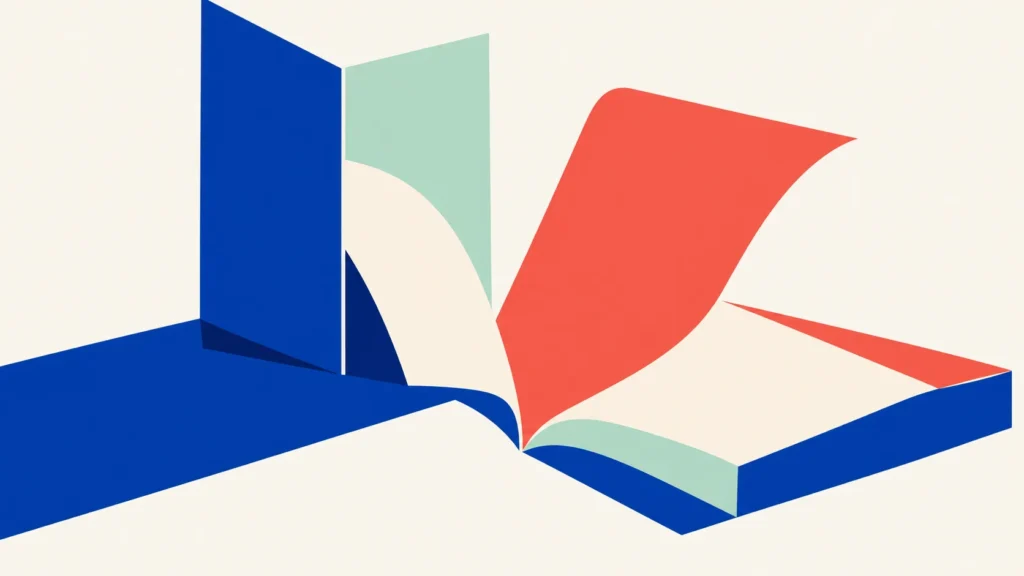 Flat illustration of an open book with a cobalt cover and coral and mint pages