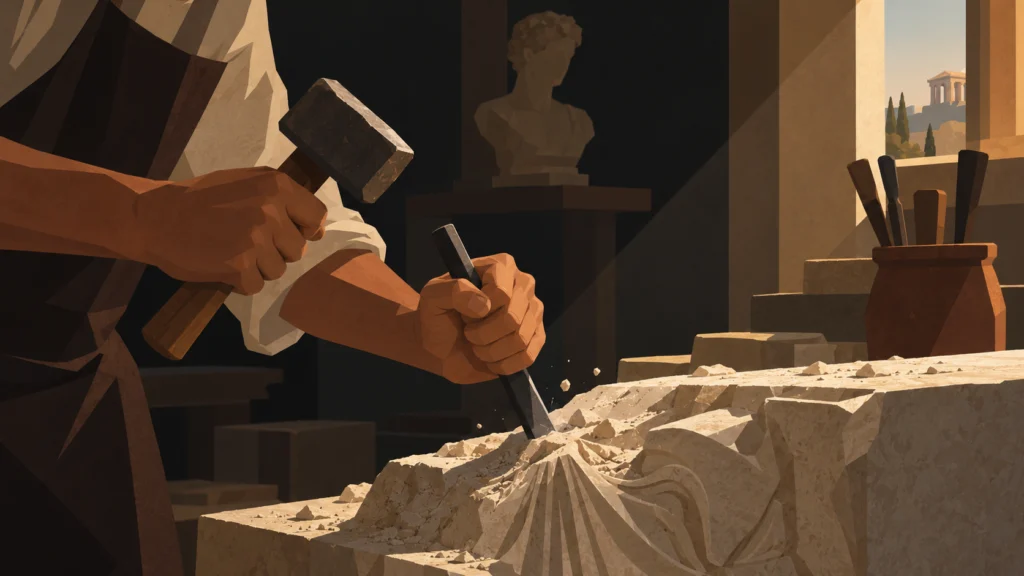 Hands with a mallet and chisel carving a relief into a block of pale stone in a sunlit workshop