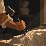 Hands with a mallet and chisel carving a relief into a block of pale stone in a sunlit workshop