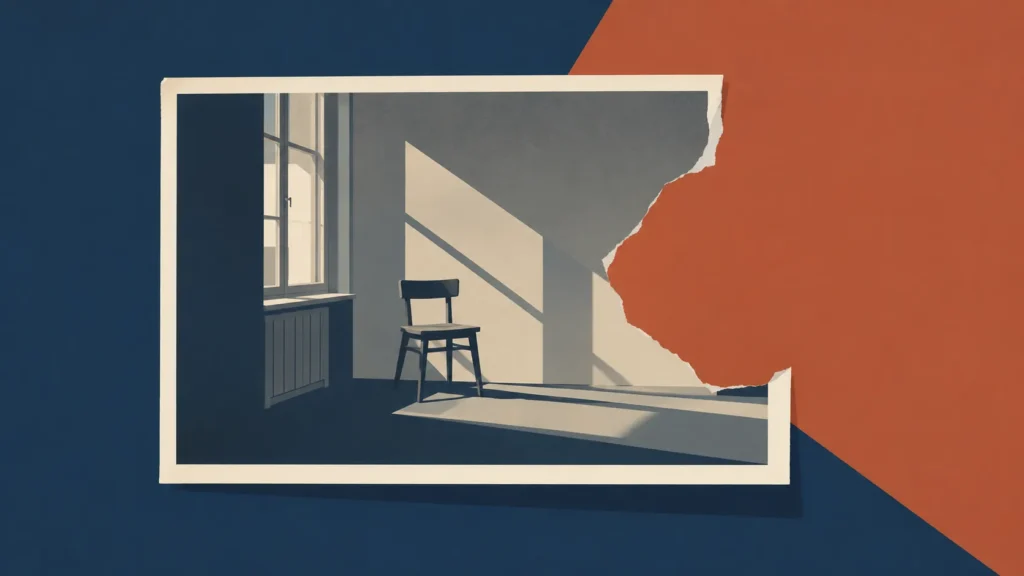 Torn black-and-white photograph of an empty room with a chair, on blue and rust