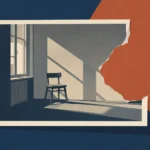 Torn black-and-white photograph of an empty room with a chair, on blue and rust