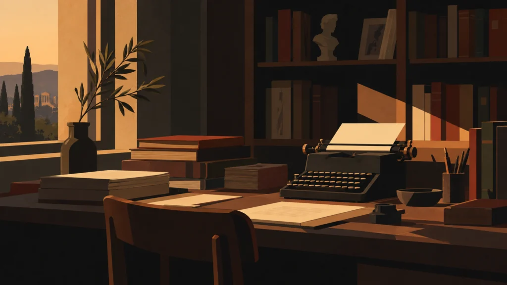 Typewriter with a sheet of paper on a wooden desk among books, beside a window at sunset