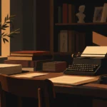 Typewriter with a sheet of paper on a wooden desk among books, beside a window at sunset