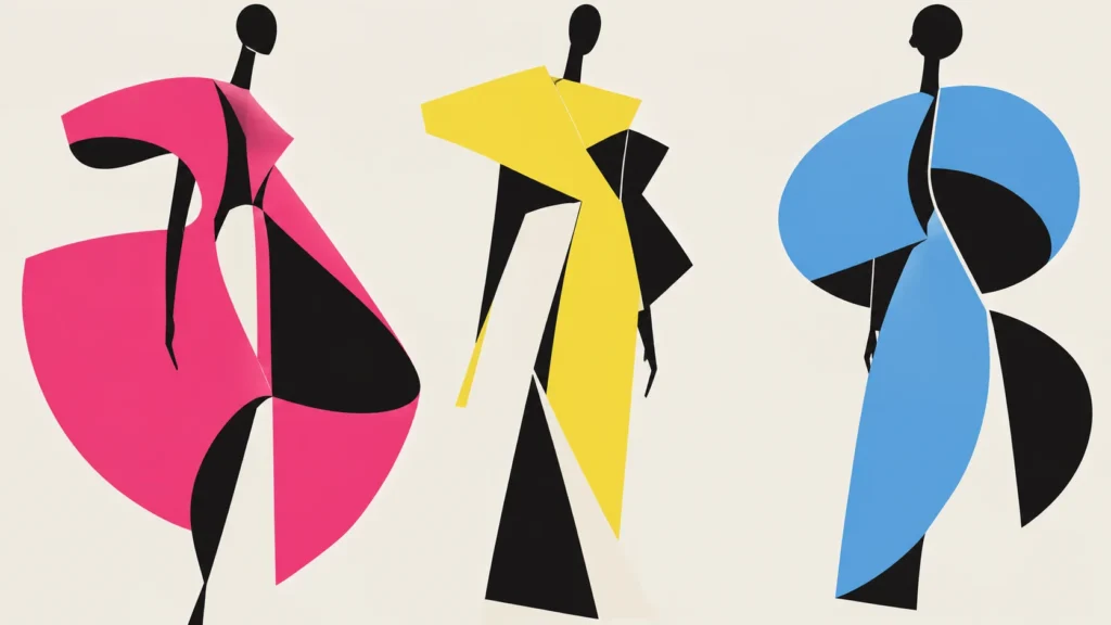 Three stylised fashion figures wearing sculptural garments in pink, yellow and blue