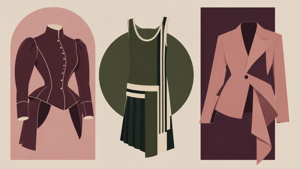 Victorian bodice, a 1920s drop-waist dress and an asymmetric modern jacket side by side