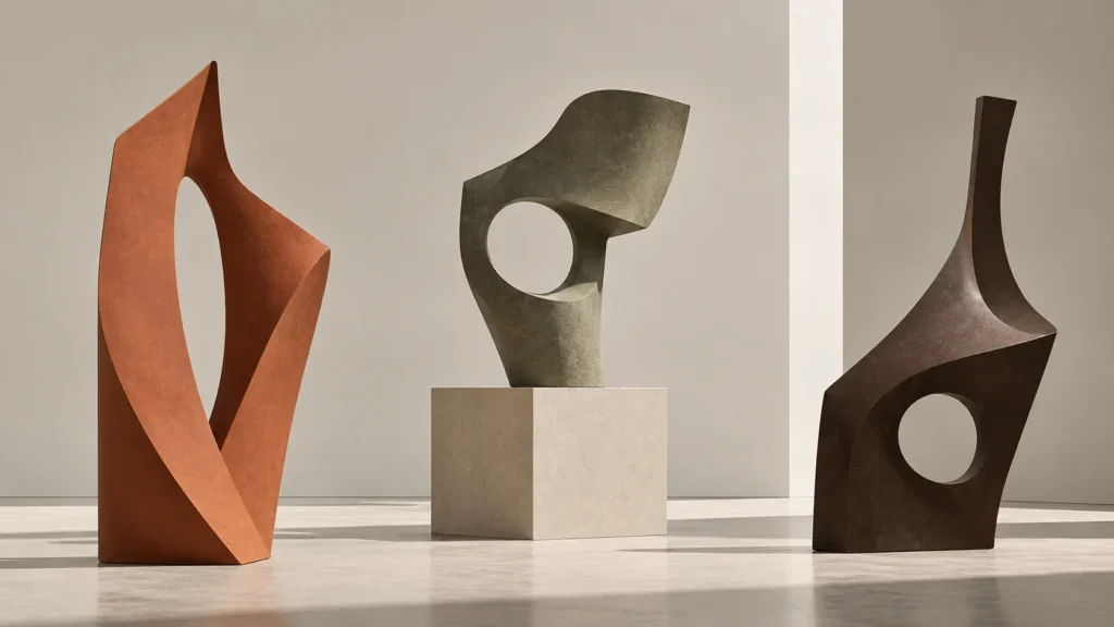 Three abstract sculptures in terracotta, sage stone and bronze with open holes in a gallery
