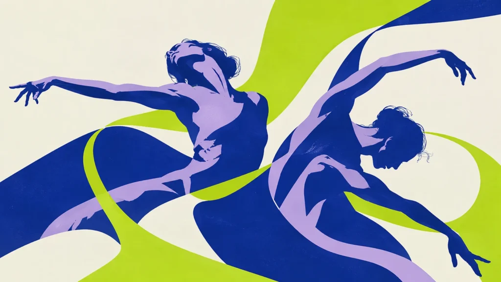 Two dancers in cobalt and lilac twisting among flowing lime green ribbons