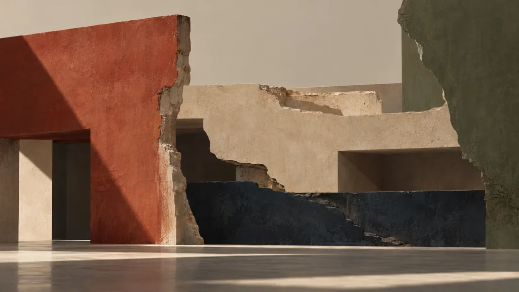 Fragments of broken walls in red plaster, sand, navy and moss green stone