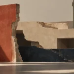 Fragments of broken walls in red plaster, sand, navy and moss green stone
