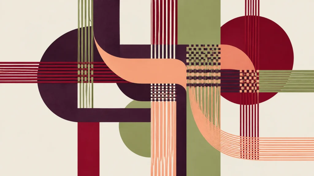 Abstract composition of interlacing bands and grids in burgundy, plum, peach and sage