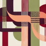 Abstract composition of interlacing bands and grids in burgundy, plum, peach and sage
